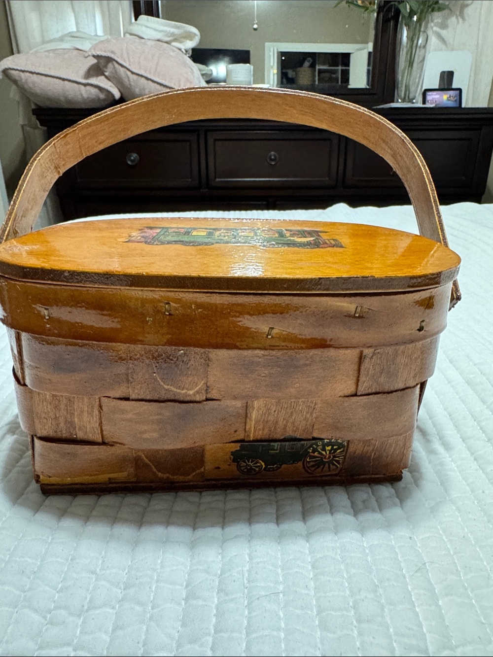 Handwoven Wooden Picnic Basket Handbag - Brown